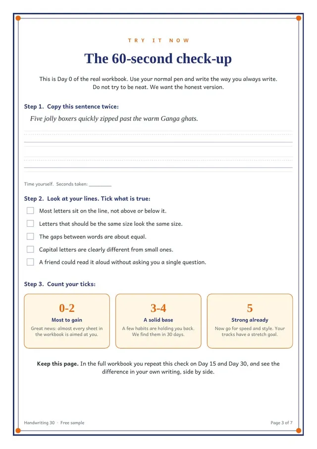 Sample page: the 60-second check-up with ruled lines and a five-point self-check