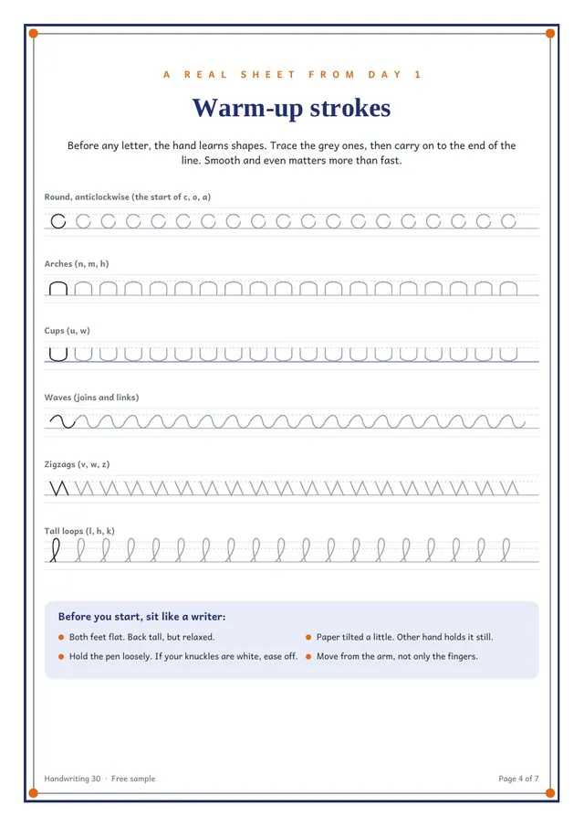 Sample page: Day 1 warm-up strokes to trace on guide lines