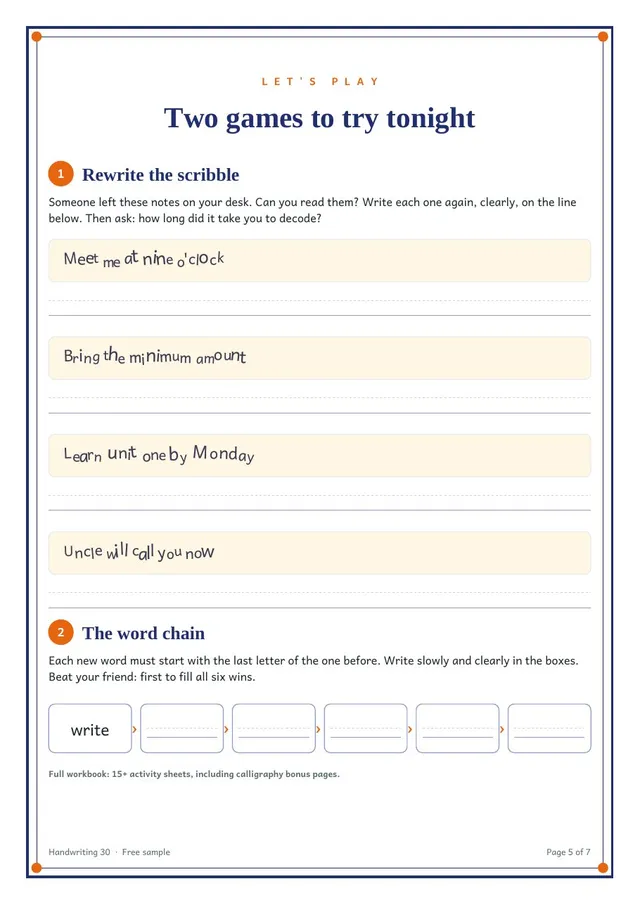 Sample page: rewrite the scribble and the word chain games
